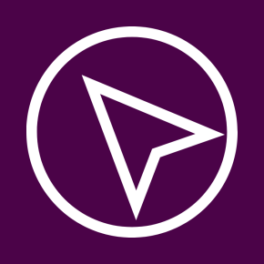 Icon of a compass on a plum colored background