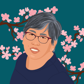 Illustrated headshot of Carol Cheney with short gray hair and red glasses, wearing a navy top against a dark ocean-blue background with pink flowering branches.
