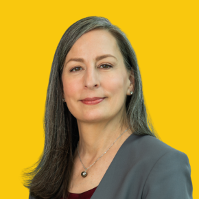 Headshot of Cat Martin, looking at the camera with a slight smile, with long gray hair, wearing a gray blazer and pendant necklace against a dandelion-yellow background.