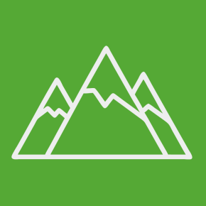 Icon of mountains on a grass colored background