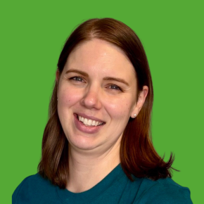 Headshot of Ellora La Shier over a grass-colored background