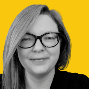 Headshot of Heather Johnson, shown in black and white with side-parted hair and dark-framed glasses, wearing a black top against a dandelion-yellow background.