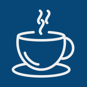 Icon of a coffee over a blueberry colored background