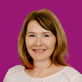 Headshot of Karen Westing over a ube-colored background