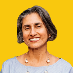 Headshot of Lalitha on a dandelion yellow background.