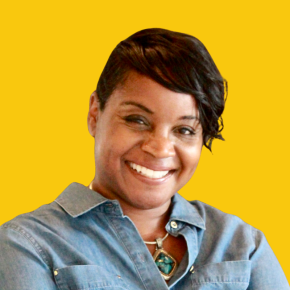 Headshot of Lisa McGill over a dandelion colored background