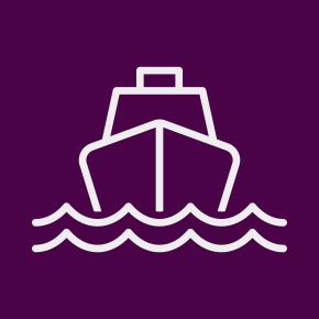 Icon of a ship over a plum colored background