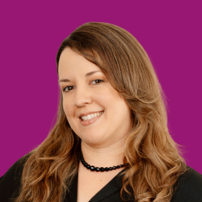 Headshot of Rachel Allen on an ube-colored background.