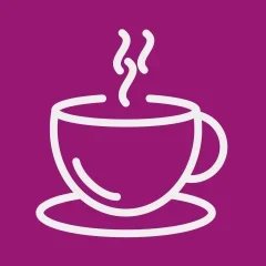 Icon of a coffee over a ube-colored background