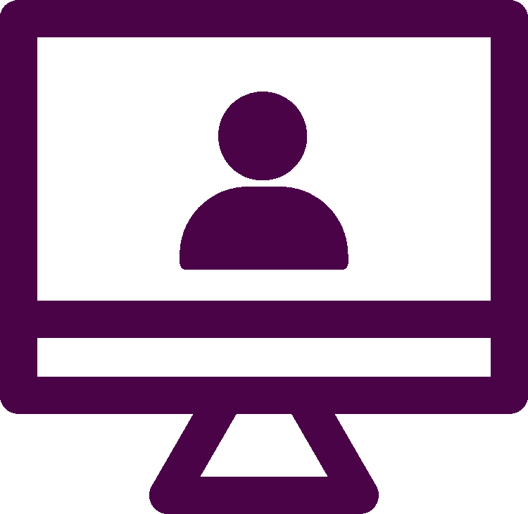 Icon of computer screen with a person inset, all in plum (purple) color