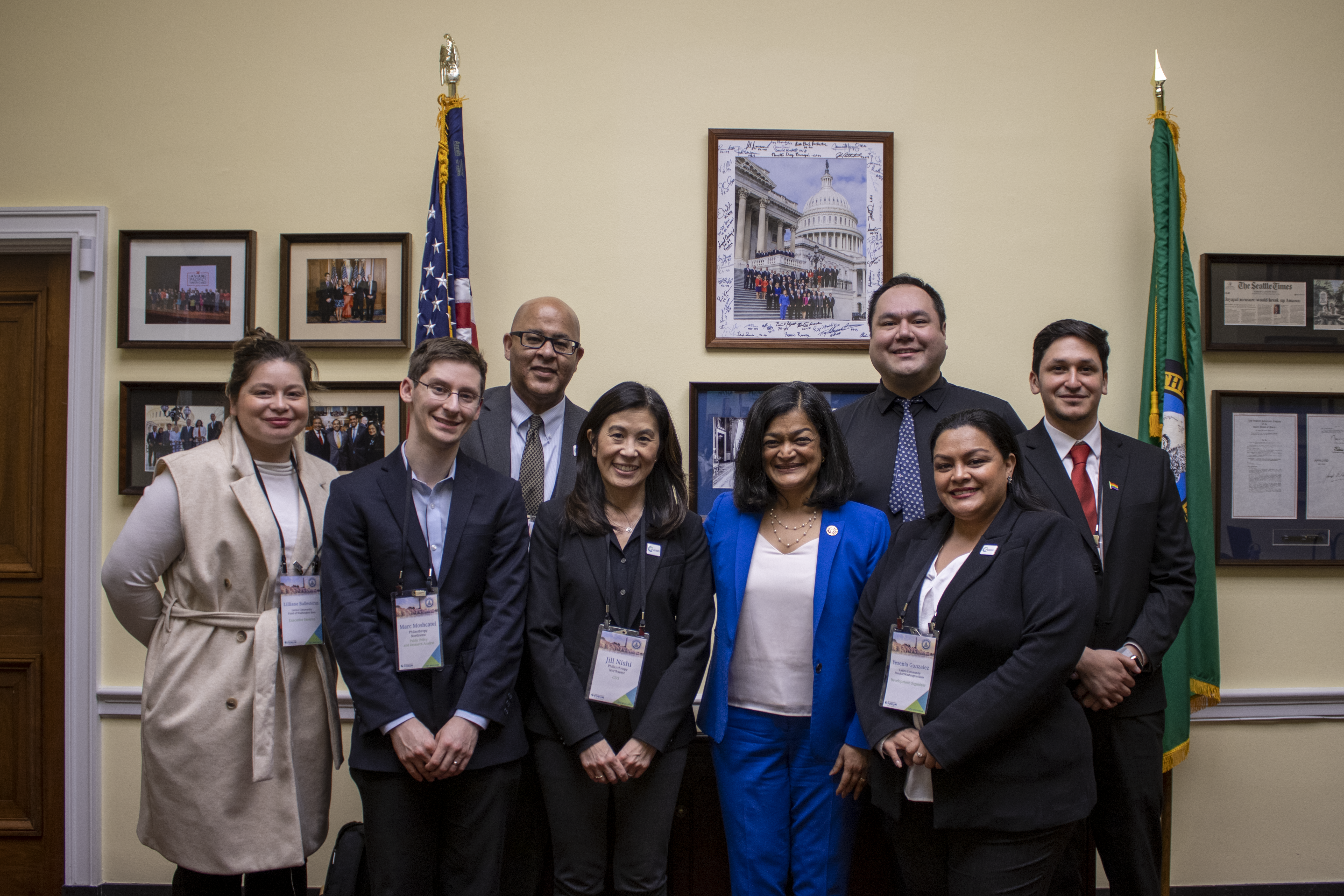 Photo of Philanthropy Northwest staff and members during Foundations on the Hill in 2023 standing and smiling next to WA State House Representative Pramila Jayapal