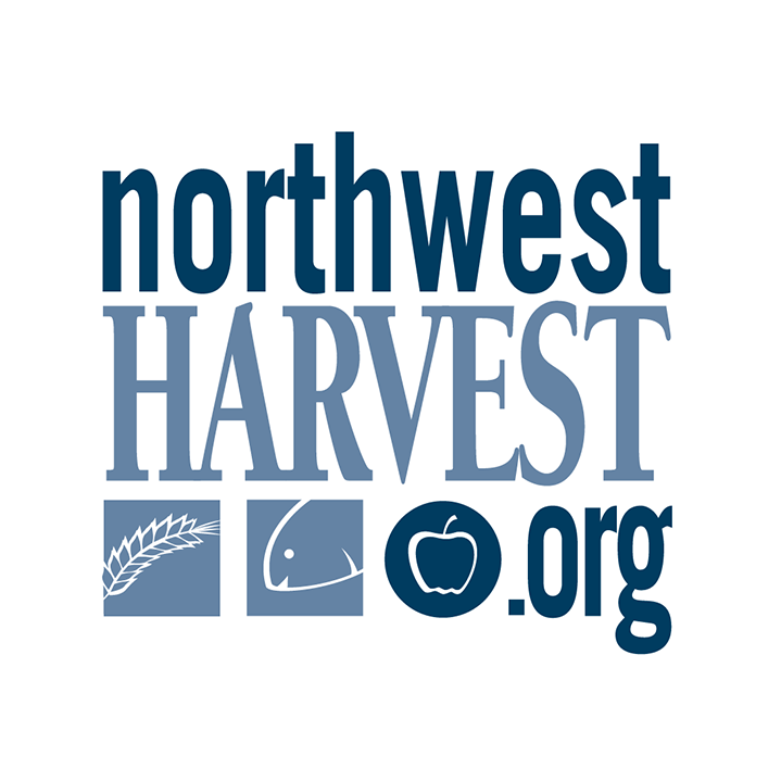 Logo of Northwest Harvest in blue lettering with three icons (a wheat shaft, a fish and an apple) 