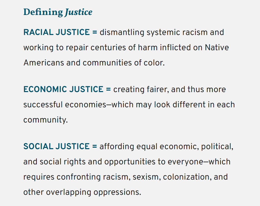 Sidebar: Defining Justice - RACIAL JUSTICE = dismantling systemic racism & repair harm inflicted on people of color. ECONOMIC JUSTICE = creating fairer & more successful economies. SOCIAL JUSTICE = equal economic, political, & social rights for all.