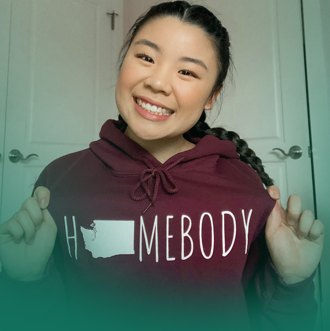 WA Food Fund image with Madison Chan showing the Homebody maroon sweatshirt she crafted to raise money for the food fund