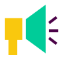 Icon of a megaphone in yellow and green with purple sound spikes coming out of the cone
