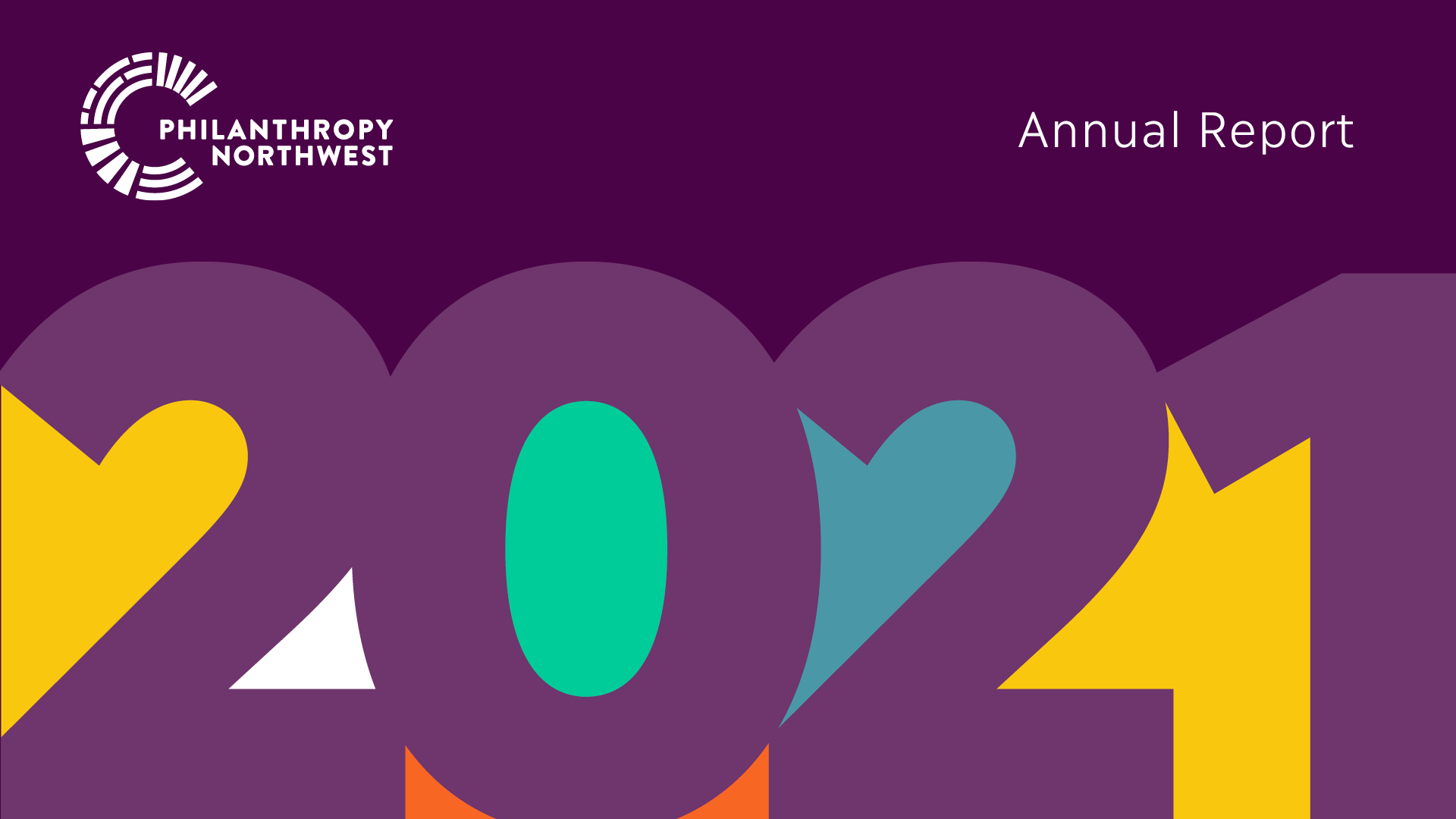 Philanthropy Northwest 2021 Annual Report Thumbnail | A graphic on a plum purple background with Philanthropy Northwest's white logo in the top left corner, "Annual Report" in white text in the top right corner and "2021" in large font with a yellow, white, green and blue background.