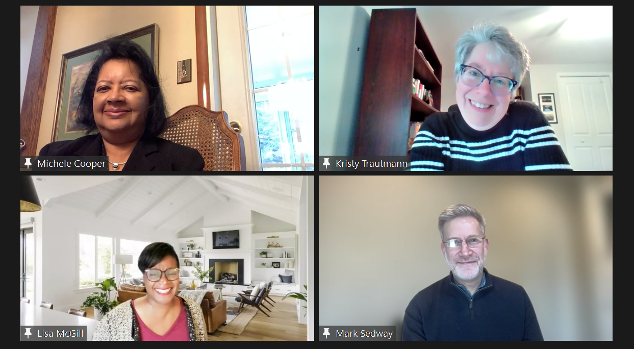 Screenshot of a four-person video call. Top left: Michele Cooper smiling in a home office. Top right: Kristy Trautmann smiling with glasses in front of a bookshelf. Bottom left: Lisa McGill smiling in a bright living room. Bottom right: Mark Sedway smiling against a plain beige background