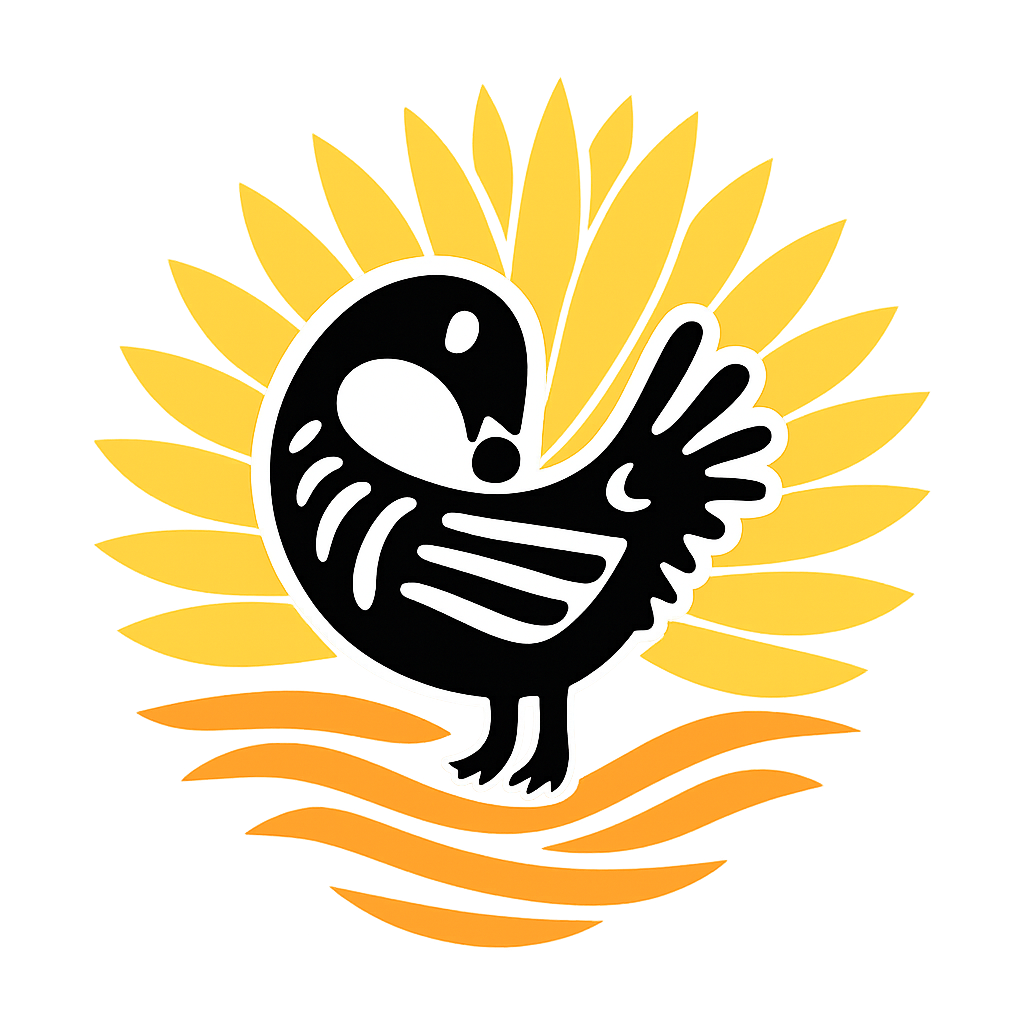 Stylized Sankofa bird in black and white, shown looking back over its shoulder, centered against a radiant yellow background with leaf-like shapes and orange wave motifs.