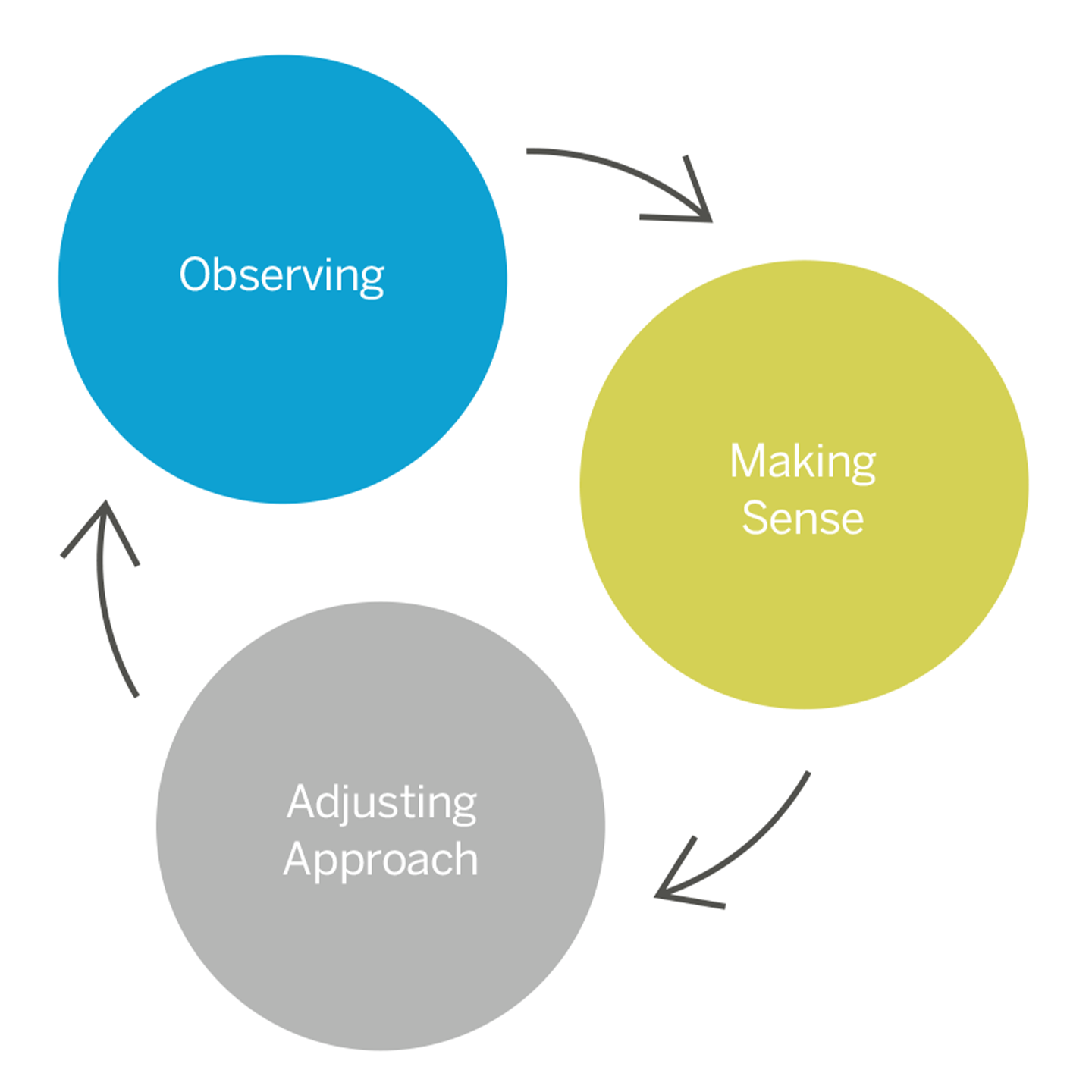 Diagram showing a three-part reflective cycle. A blue circle labeled “Observing” points via a curved arrow to a yellow-green circle labeled “Making Sense.” Another curved arrow leads from that circle to a gray circle labeled “Adjusting Approach,” and a final arrow loops back to “Observing.”  Select 53 more words to run Humanizer.