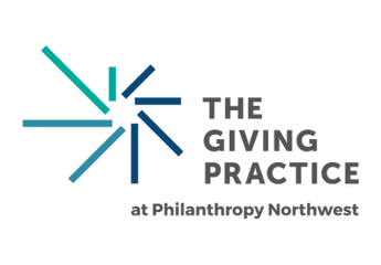 The Giving Practice at Philanthropy Northwest logo including a start made of blue spokes. 