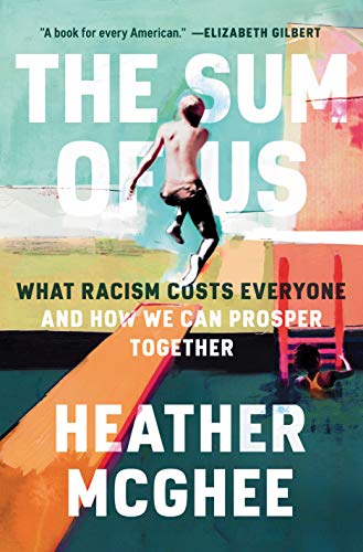 Book cover for “The Sum of Us: What Racism Costs Everyone and How We Can Prosper Together” by Heather McGhee, featuring large white title text over an illustrated scene of a person diving into a swimming pool.