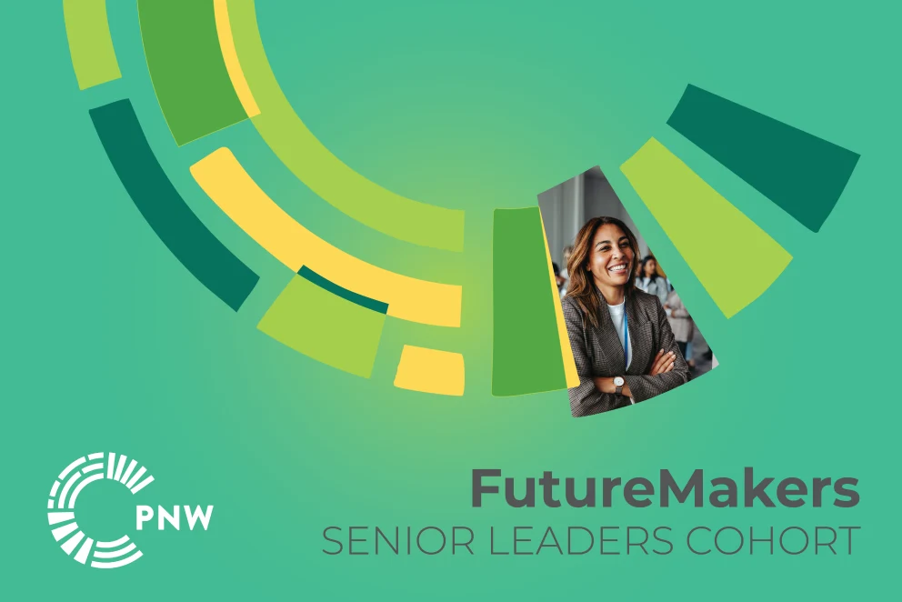 Emerald green graphic with the words "FutureMakers: Senior Leaders Cohort" and a photo of a female senior leader smiling with her arms crossed.