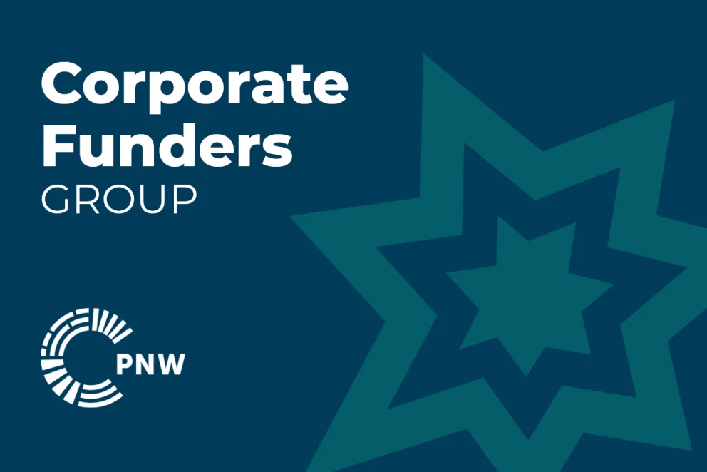 An blueberry banner that says "Corporate Funders Group" in white on the top left, the Philanthropy Northwest logo on the bottom left and has a ocean colored star graphic on the right.