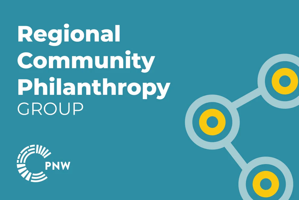 A pond blue graphic that reads "Regional Community Philanthropy Group" on the left side and an icon of three yellow circles connecting with eachother on the right side. 