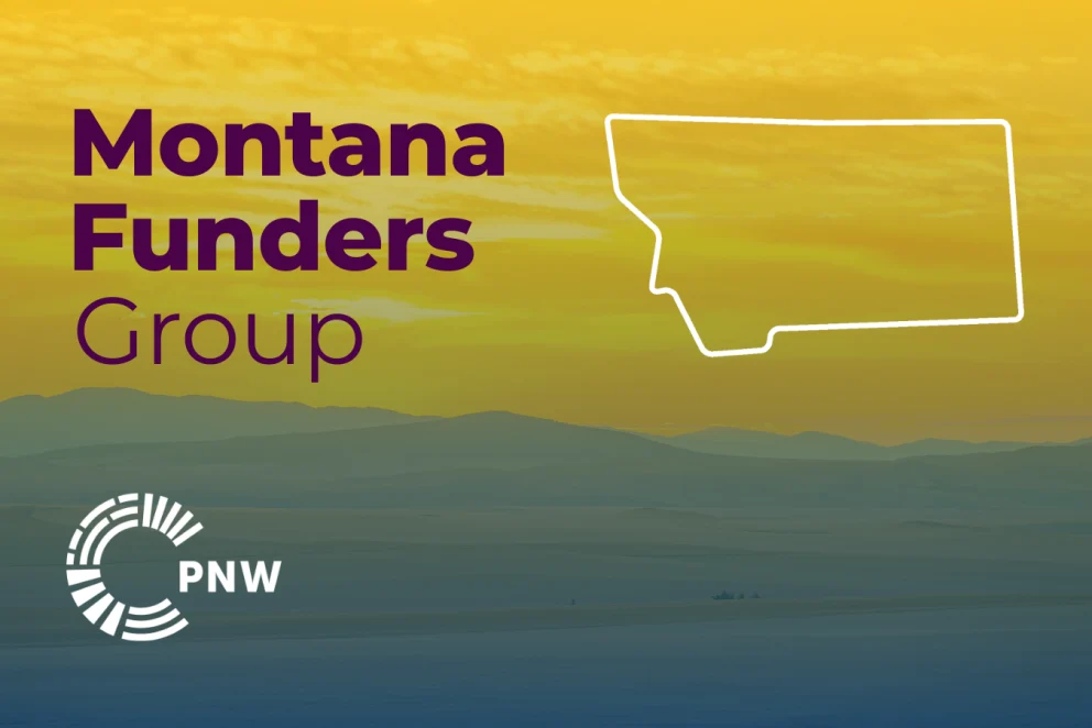 Graphic featuring the words "Montana Funders Group" in bold purple text on a yellow-to-blue gradient background. A white outline of the state of Montana is prominently displayed. The Philanthropy Northwest (PNW) logo appears in the bottom left corner. A vast big sky with rolling hills is in the background.