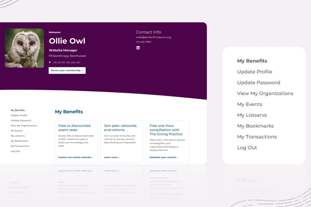 Screenshot of a Philanthropy Northwest member account dashboard. A purple header shows a profile card for “Ollie Owl,” Website Manager, with contact info and a profile photo of an owl. Below, a “My Benefits” section highlights member perks such as discounted events, peer networks, and consultations. A sidebar menu lists options including Update Profile, My Events, My Bookmarks, and Log Out. Light gray topographic lines decorate the background.