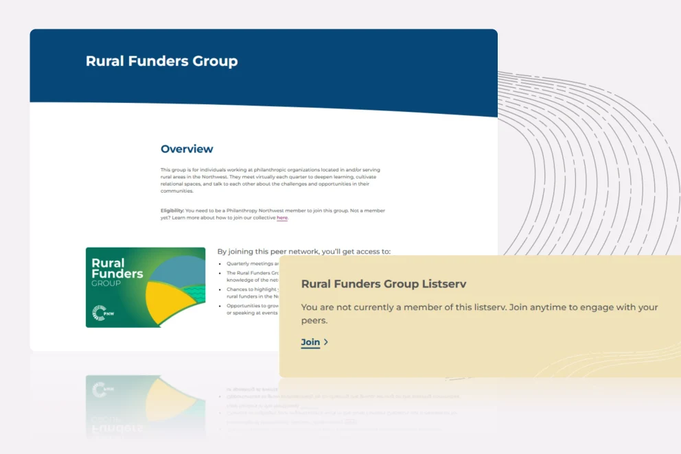 Screenshot of the Philanthropy Northwest website showing the Rural Funders Group page. A blue header titles the group, with an overview describing a peer network for funders serving rural communities. A yellow callout notes the user is not yet a member and includes a “Join” link. Subtle gray topographic lines appear along the right edge of the page.
