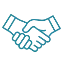Teal icon of a handshake between two people. 