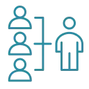 Teal icon of one leader next to three people.
