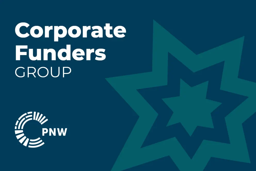 An blueberry banner that says "Corporate Funders Group" in white on the top left, the Philanthropy Northwest logo on the bottom left and has a ocean colored star graphic on the right.