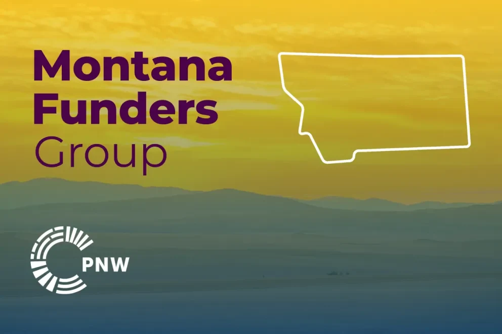 Graphic featuring the words "Montana Funders Group" in bold purple text on a yellow-to-blue gradient background. A white outline of the state of Montana is prominently displayed. The Philanthropy Northwest (PNW) logo appears in the bottom left corner. A vast big sky with rolling hills is in the background.