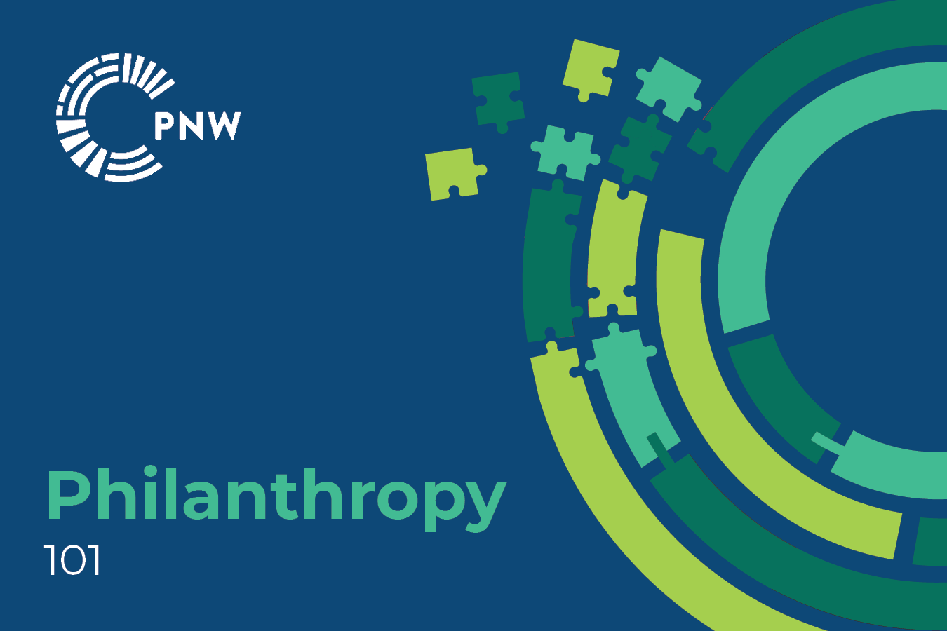 Philanthropy 101 Graphic with a blueberry background and on the right is a circular design with puzzle piece shapes