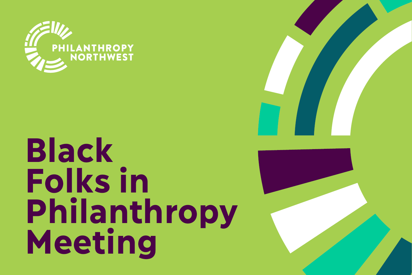 Lime green event banner that says "Black Folks in Philanthropy" and has a colorful half circle design on the side