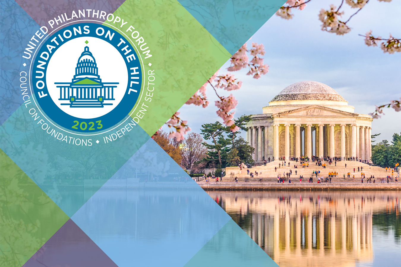 An image of the Thomas Jefferson Memorial in Washington D.C. overlaid by green, blue and purple boxes on the left side and the Foundations on the Hill 2023 logo.