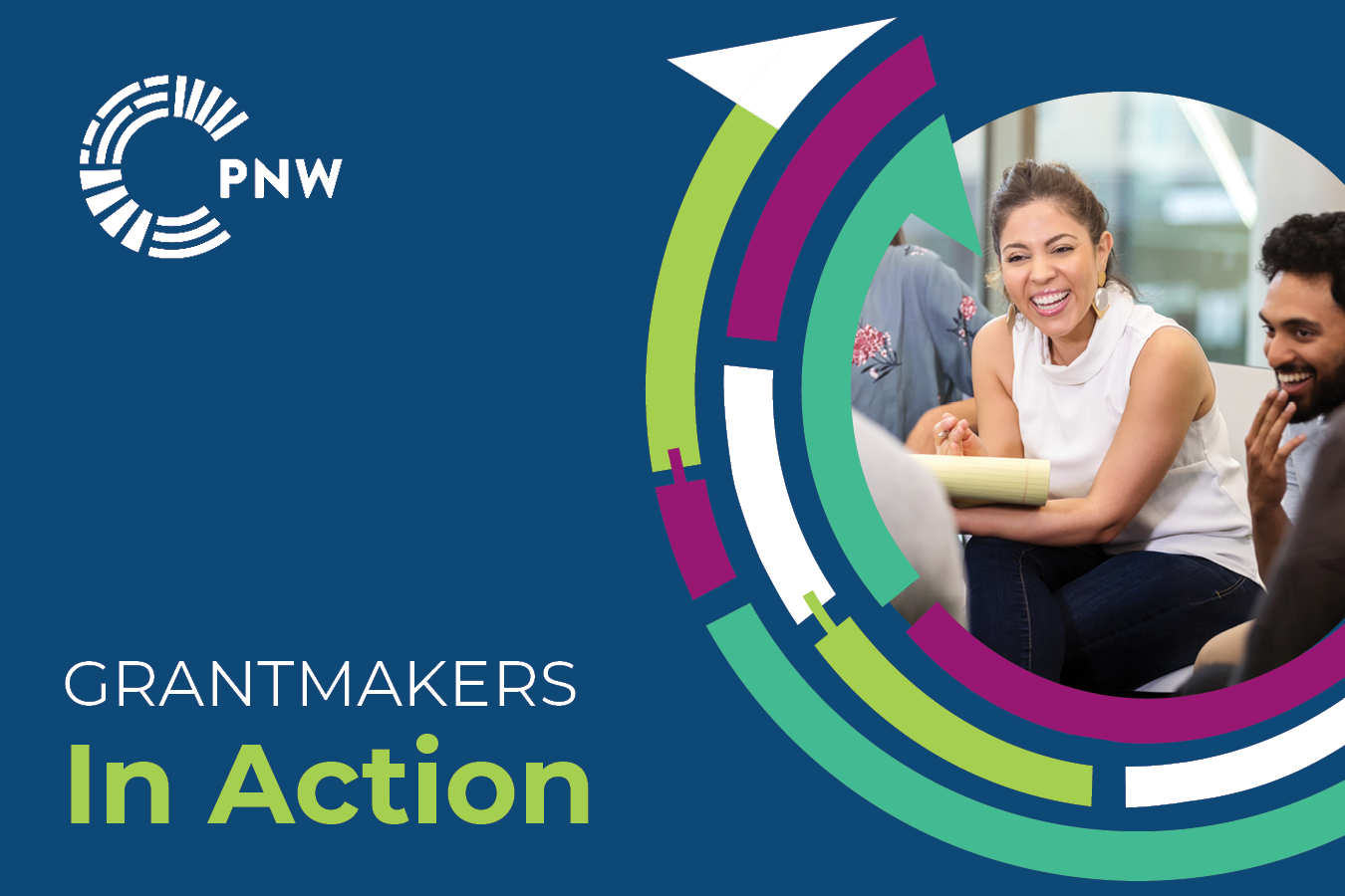 Blueberry event banner that says "Grantmakers in Action" and has a colorful circular design forming into an arrow with connecting rectangular shapes on the side with a photo of a woman and man sitting in a circle, smiling.