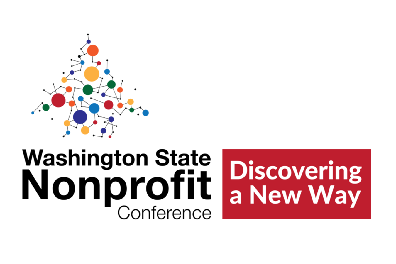 White event graphic that says "Washington State Nonprofit Conference: Discovering a New Way" with a icon of colorful connecting dots above the title
