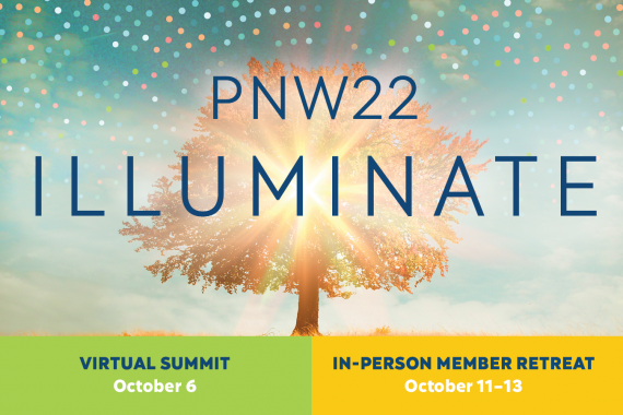 PNW22 teaser image, Virtual Summit October 6 + In-Person Member Retreat October 11-13 - Seattle | Image of a tree in fall orange colors on a light blue sky background with dots of light surrounding it. 