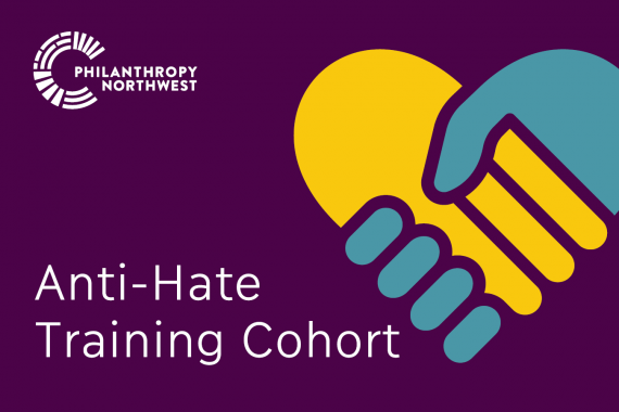 Plum purple event banner that says "Anti-Hate Training Cohort" and has an icon of a yellow and blue hands coming together to form a heart