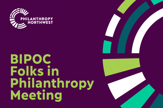 Plum purple event banner that says "BIPOC Folks in Philanthropy Meeting" and has a colorful half circle design on the side