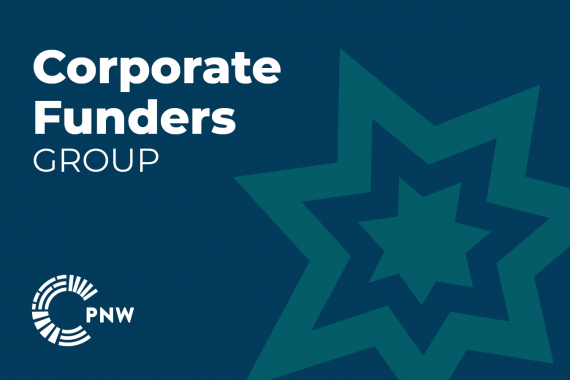 An blueberry banner that says "Corporate Funders Group" in white on the top left, the Philanthropy Northwest logo on the bottom left and has a ocean colored star graphic on the right