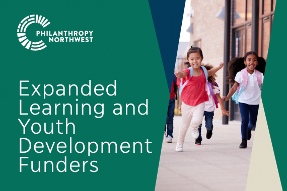 Pine green event banner that says "Expanded Learning and Youth Development Funders" and has a picture of A group of smiling multi-ethnic school kids running in a walkway outside their infant school building after a lesson on the right side