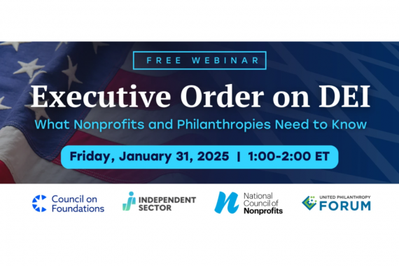 A promotional graphic for a free webinar titled "Executive Order on DEI: What Nonprofits and Philanthropies Need to Know." The event is scheduled for Friday, January 31, 2025, from 1:00–2:00 PM ET. The background features an American flag