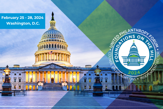 An image of the United States Capitol building in Washington D.C. overlaid by green, blue and purple boxes on the left side and the Foundations on the Hill 2024 logo.