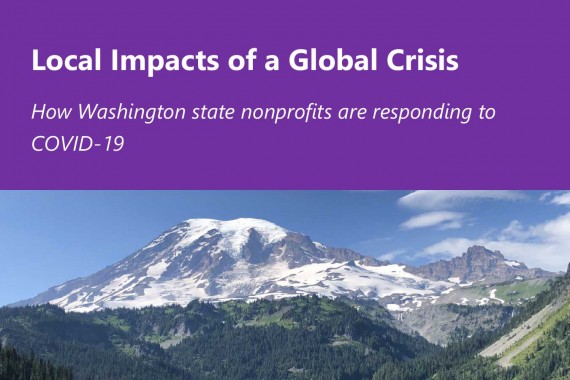 Image of report cover "Local Impacts of a Global Crisis" and picture of Mt. Rainier below