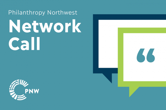 River blue event banner that says "Philanthropy Northwest Network Call" and has two speech bubbles on the side
