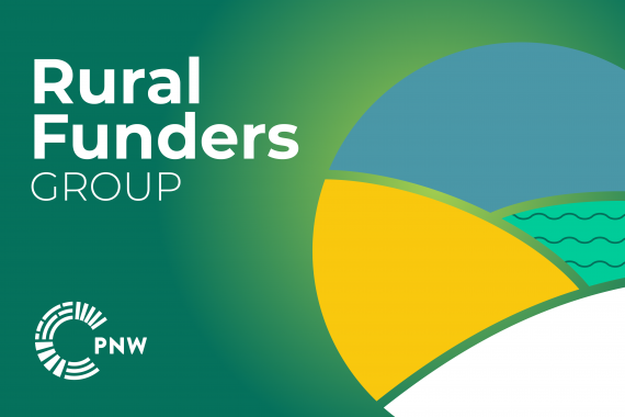 Pine green graphic that says "Rural Funders Group" and a circle with shapes inside the circle that resembles rolling plains.